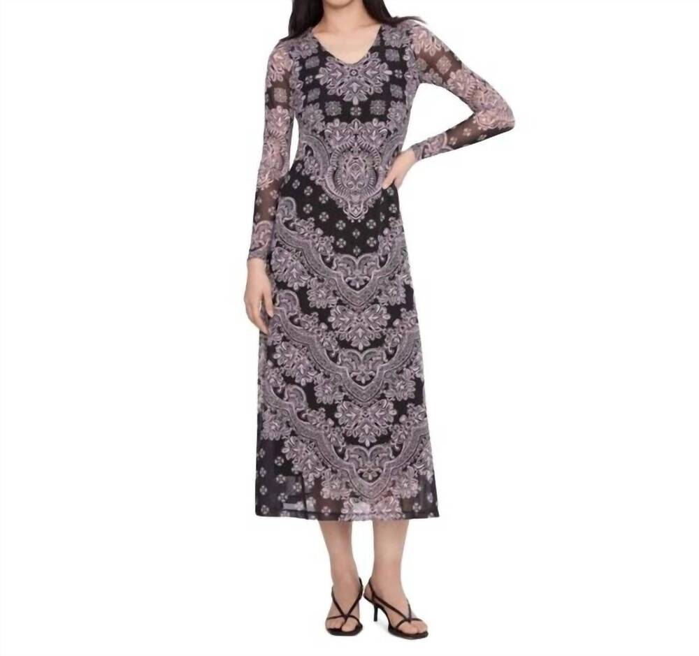 NEW JOHNNY WAS long sleeve v neck mesh midi dress in tularose